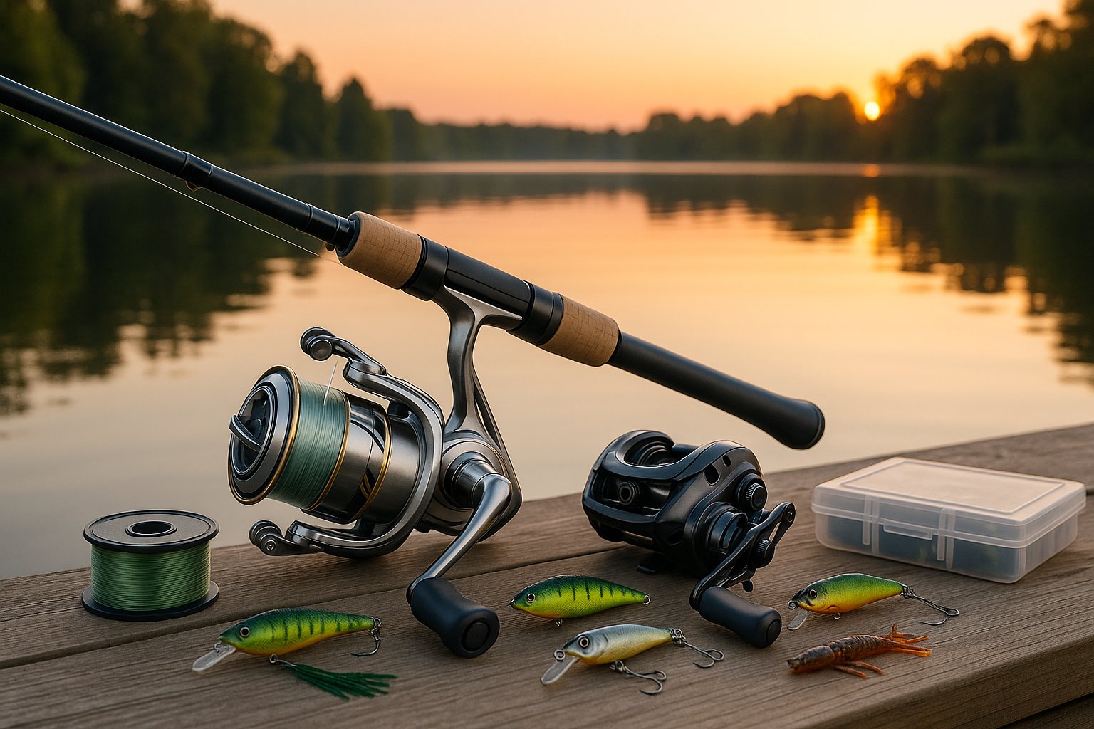 freshwater fishing reels and rod by a calm lake in the United States