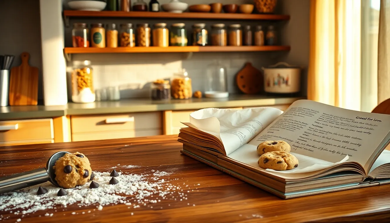 a cozy kitchen scene with cookie dough and a recipe book.