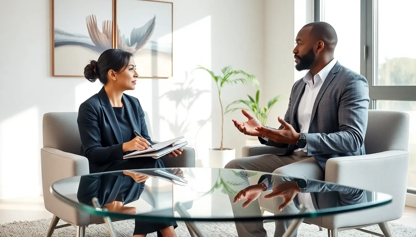 counselor and therapist discussing in a modern office setting.