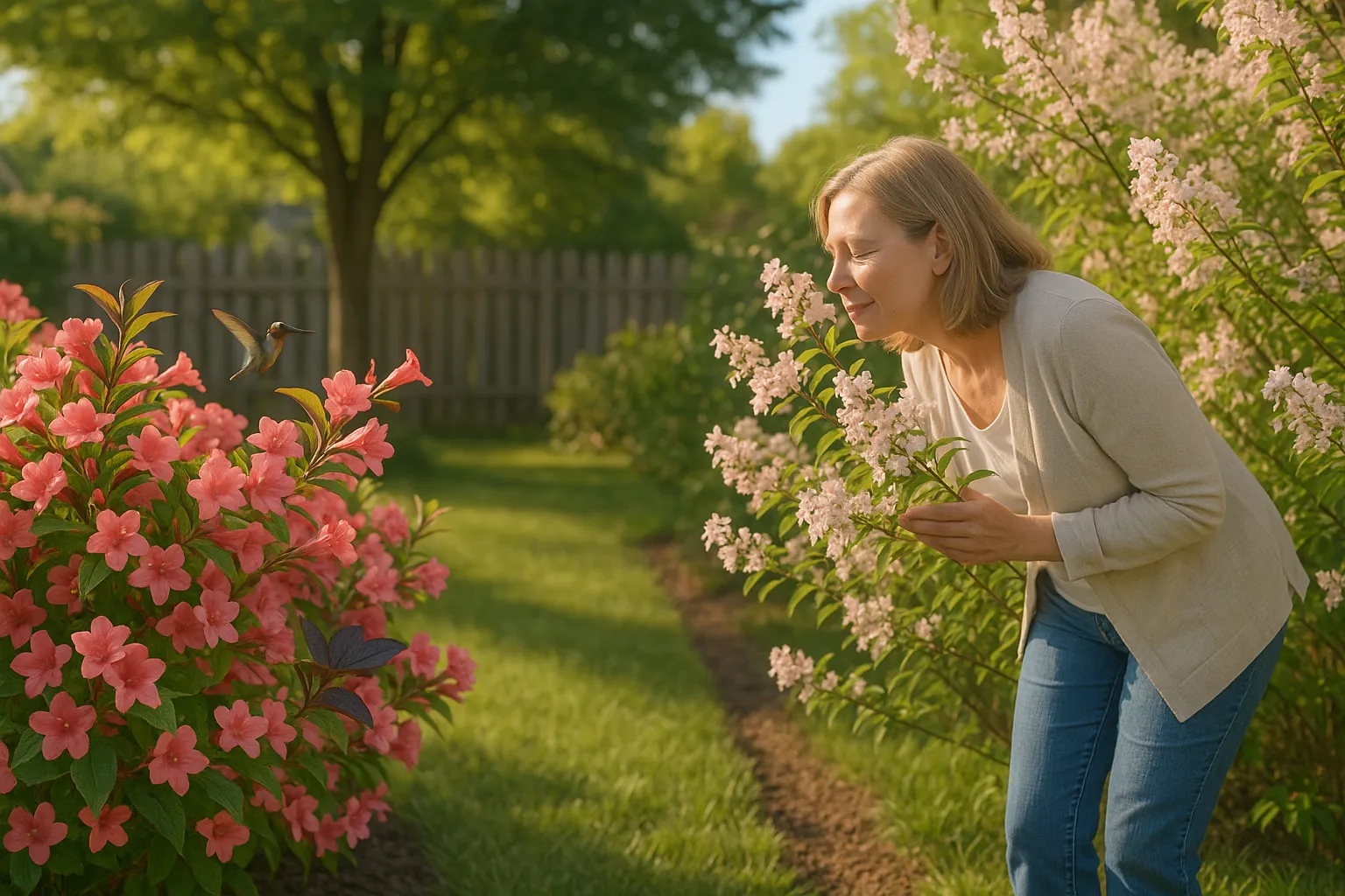 Side-by-side Weigela mounded shrub and taller airy Kolkwitzia in bloom.