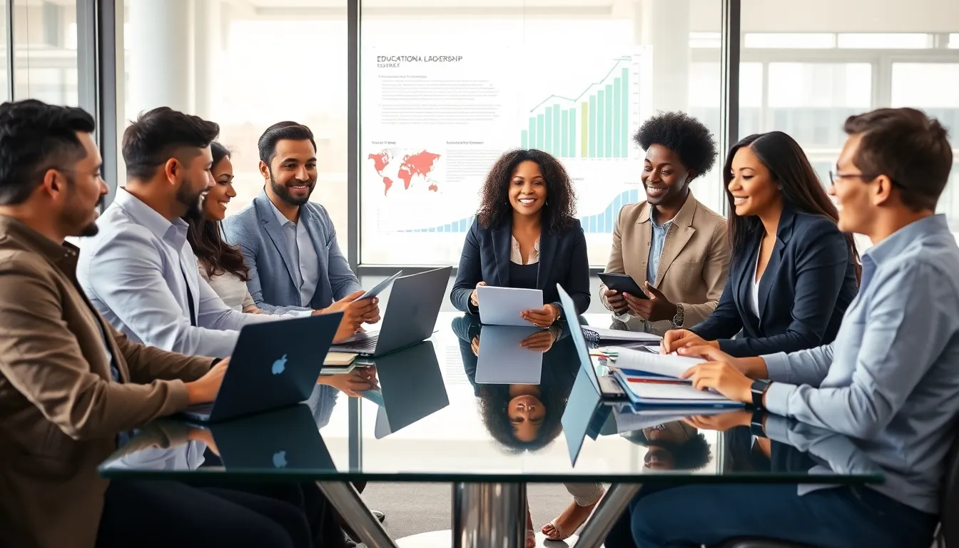 diverse group discussing education leadership in a modern office.
