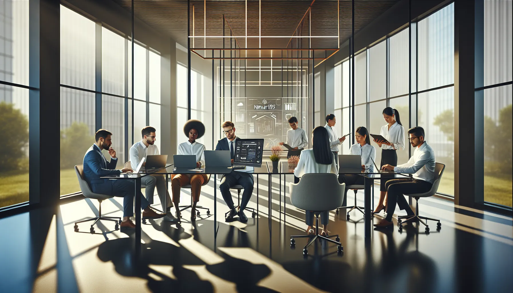 diverse professionals collaborating in a modern office setting.