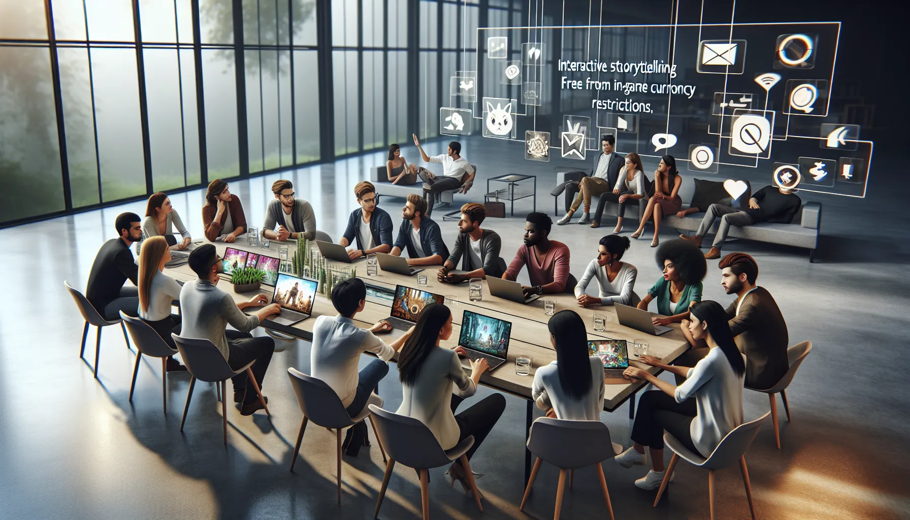 young professionals discussing interactive storytelling in a modern office.