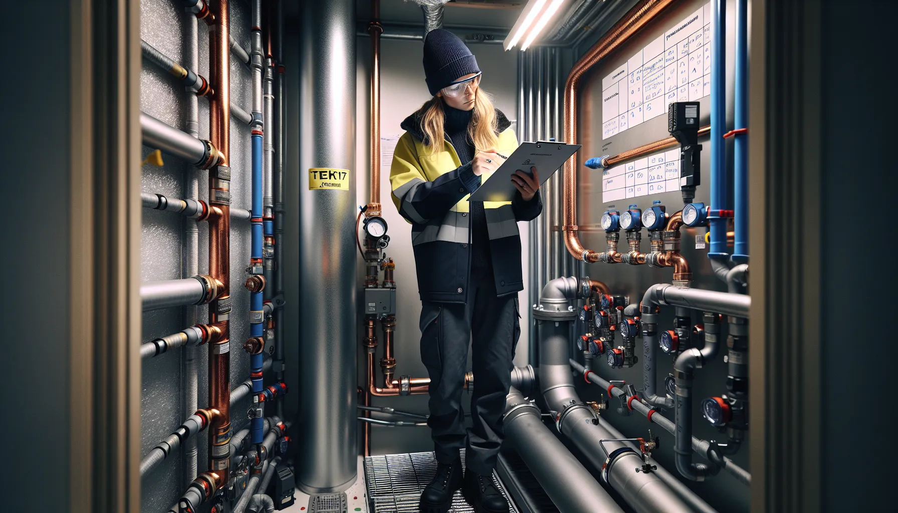 Hvordan påvirker norske forskrifter valg av rørsystemer? En side dedikert til rør, rørsystemer og rørteknologi 4 Engineer checks labeled copper, pex, and cast-iron pipes for tek17 compliance.