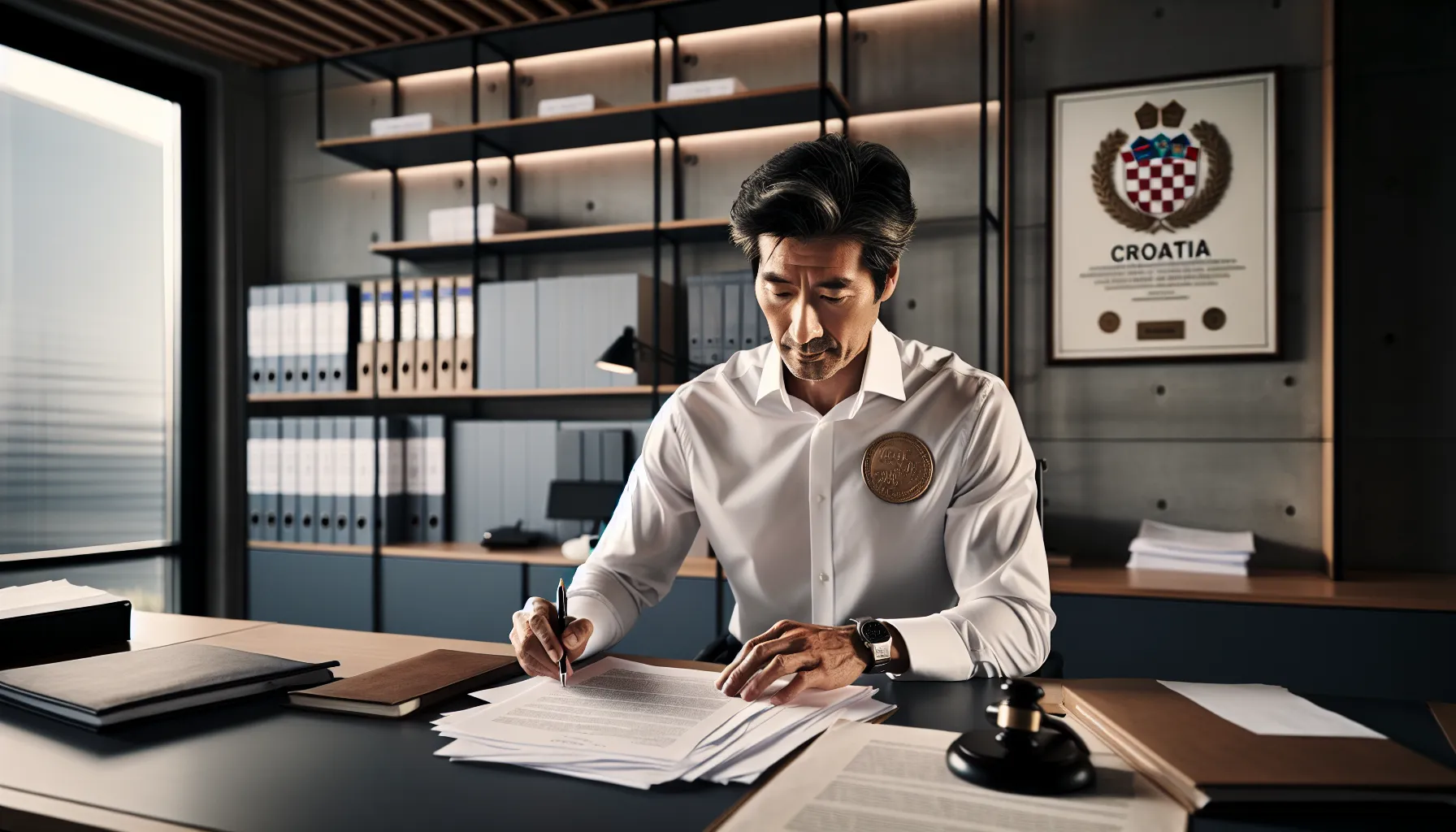 Croatian legal professional reviewing debt collection notice documents in modern office