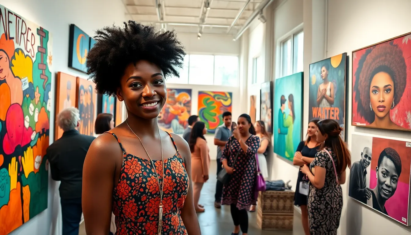 a diverse gallery showcasing underrepresented artists' works and an artist engaging with visitors.