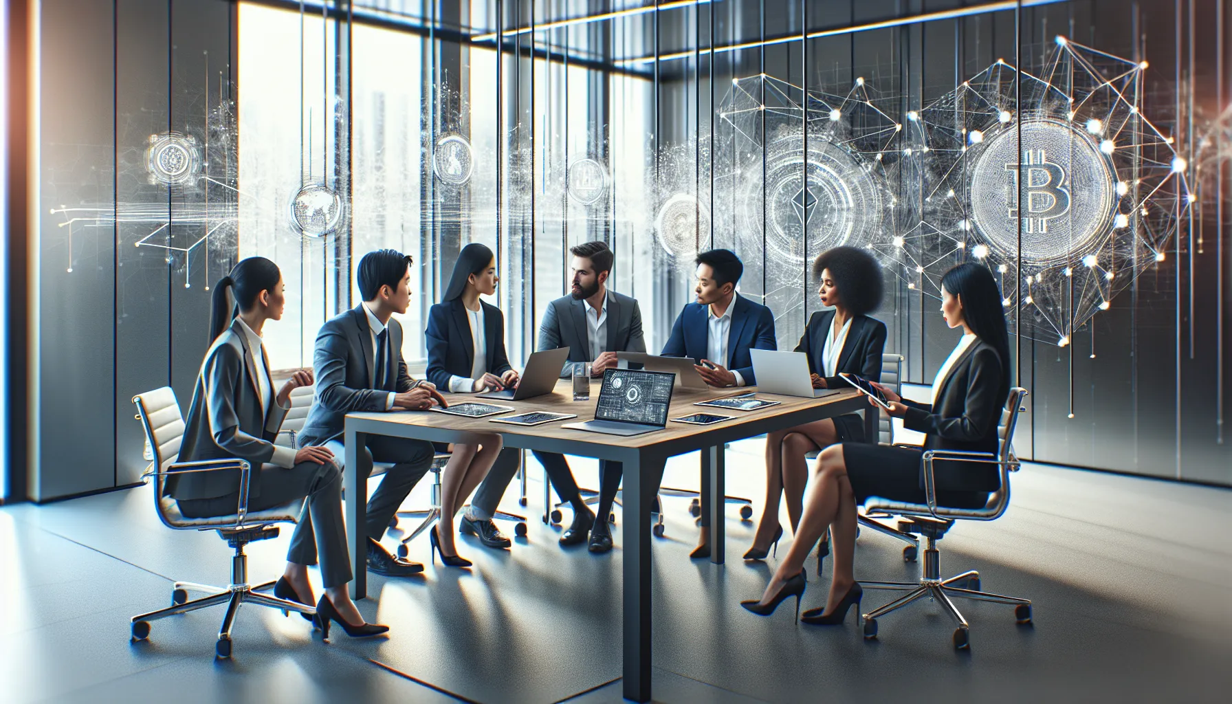 diverse professionals discussing blockchain technology innovations in a modern office.