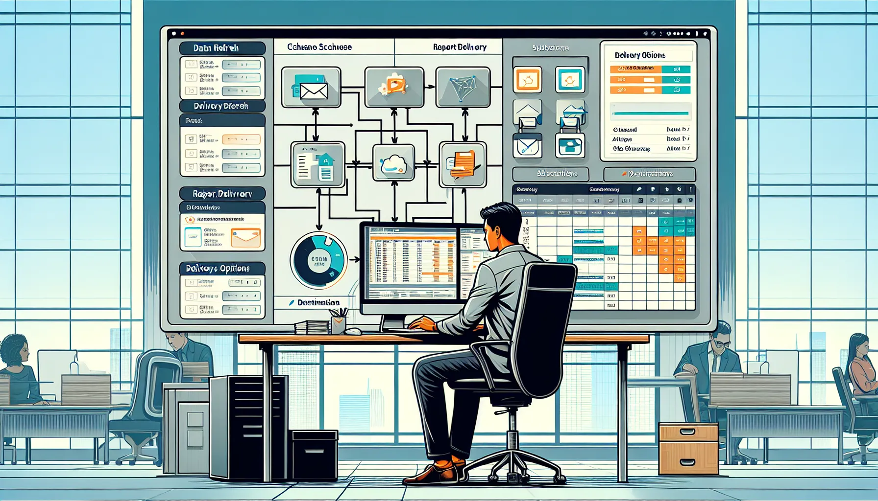 Analyst configuring Tableau report schedules and delivery destinations on dual monitors in office.