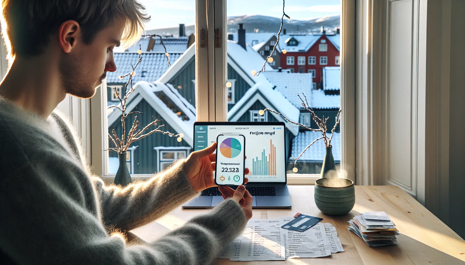 Norwegian adult reviews ai budgeting app with categorized spending and alerts.