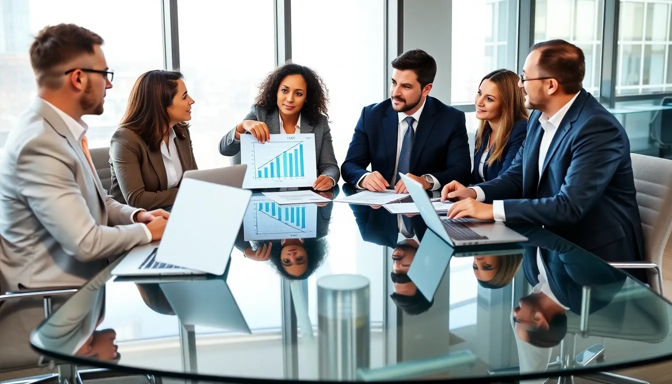diverse financial advisors discussing legal tax strategies in a modern office.