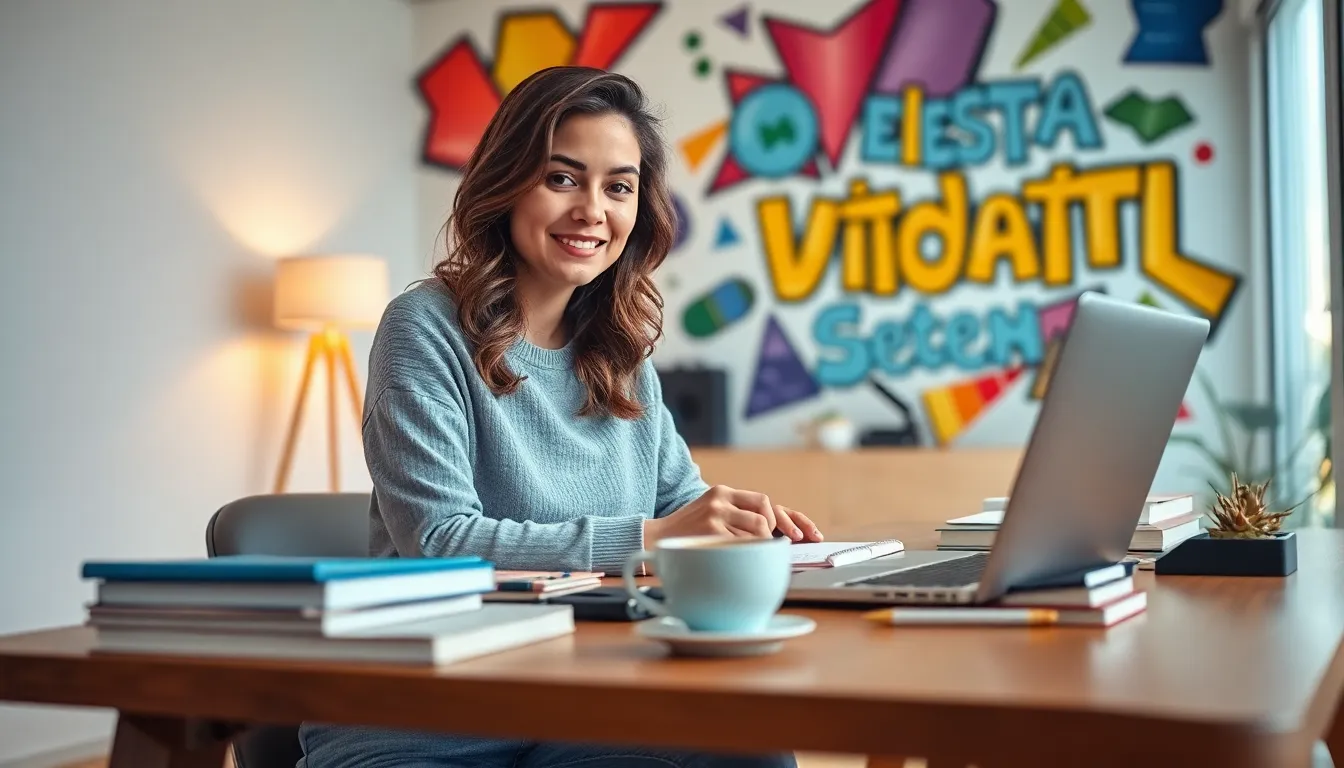 A young woman writing at a desk in a creative workspace.