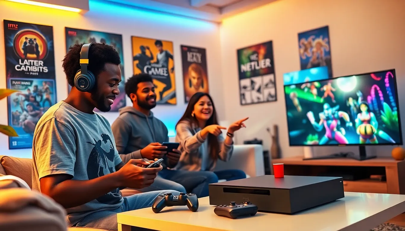 A diverse group of friends enjoying video games in a cozy gaming room.
