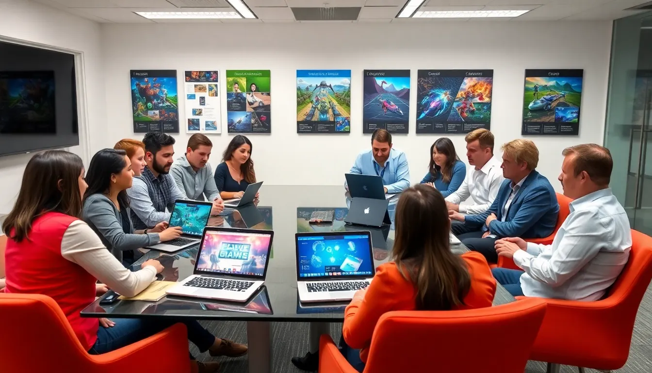diverse team collaborating on game development in a modern office.