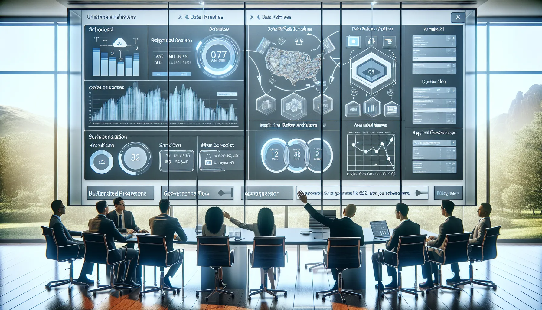 Enterprise analytics team planning Tableau data refresh governance in a modern conference room.