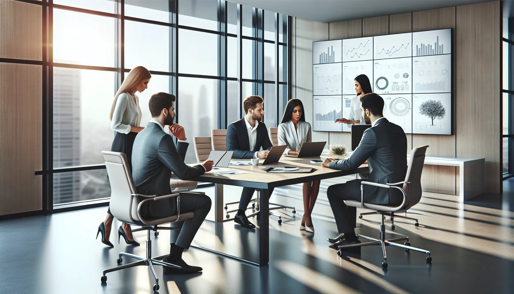 diverse team discussing challenges in a sleek office setting.