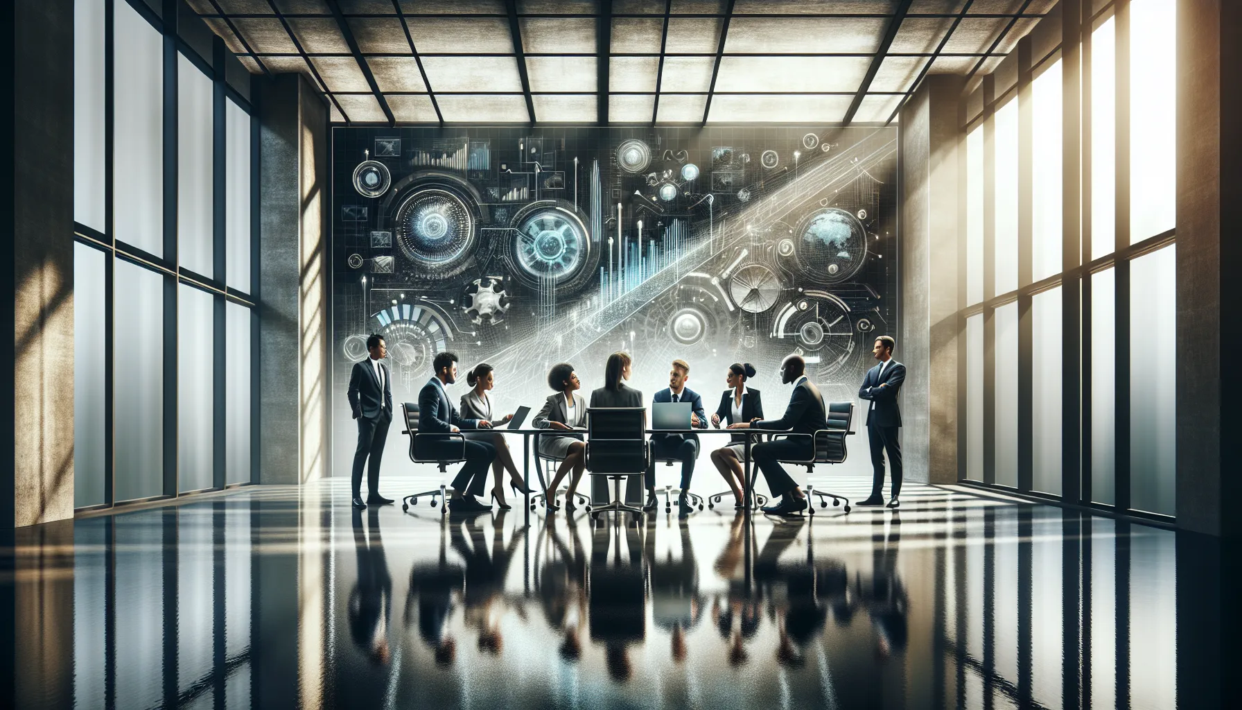 a diverse team discussing technological evolution in a modern office.