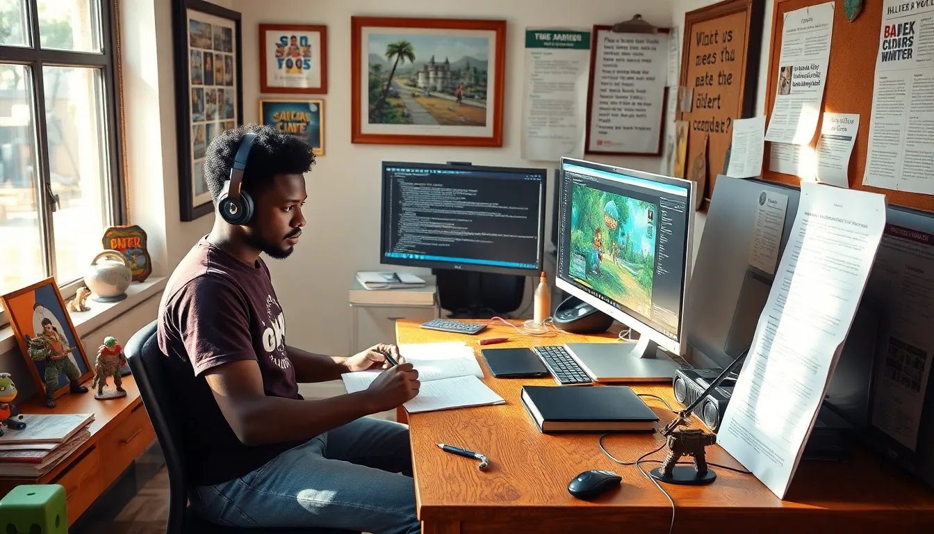 a young developer working in a bright, creative game design workspace.