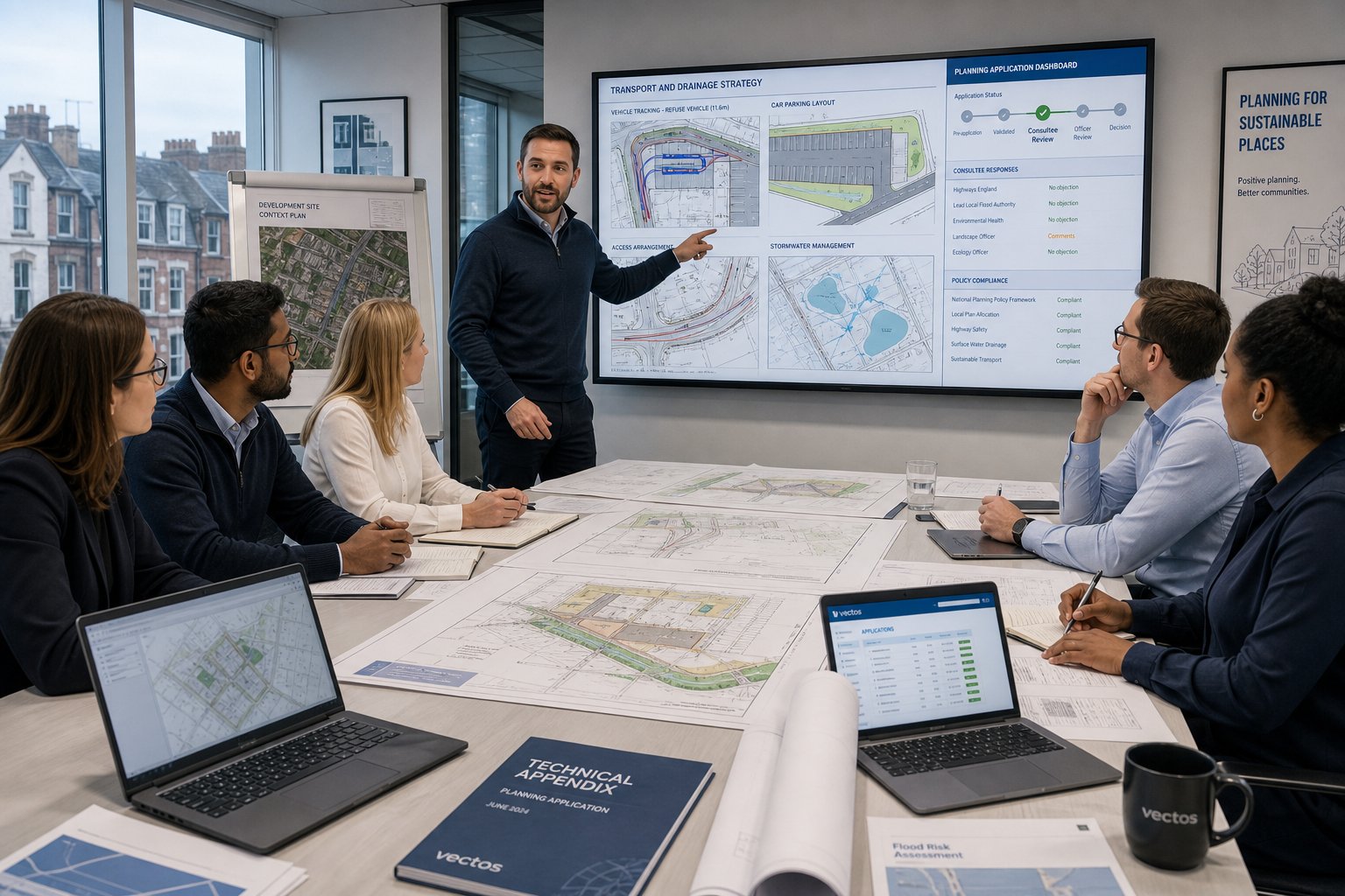 Engineers and developers reviewing planning and infrastructure plans in a modern office.