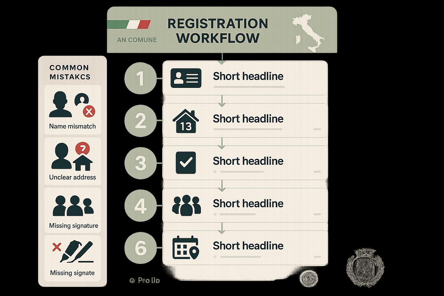 infografica verticale del processo di registrazione al comune italiano in sei passaggi