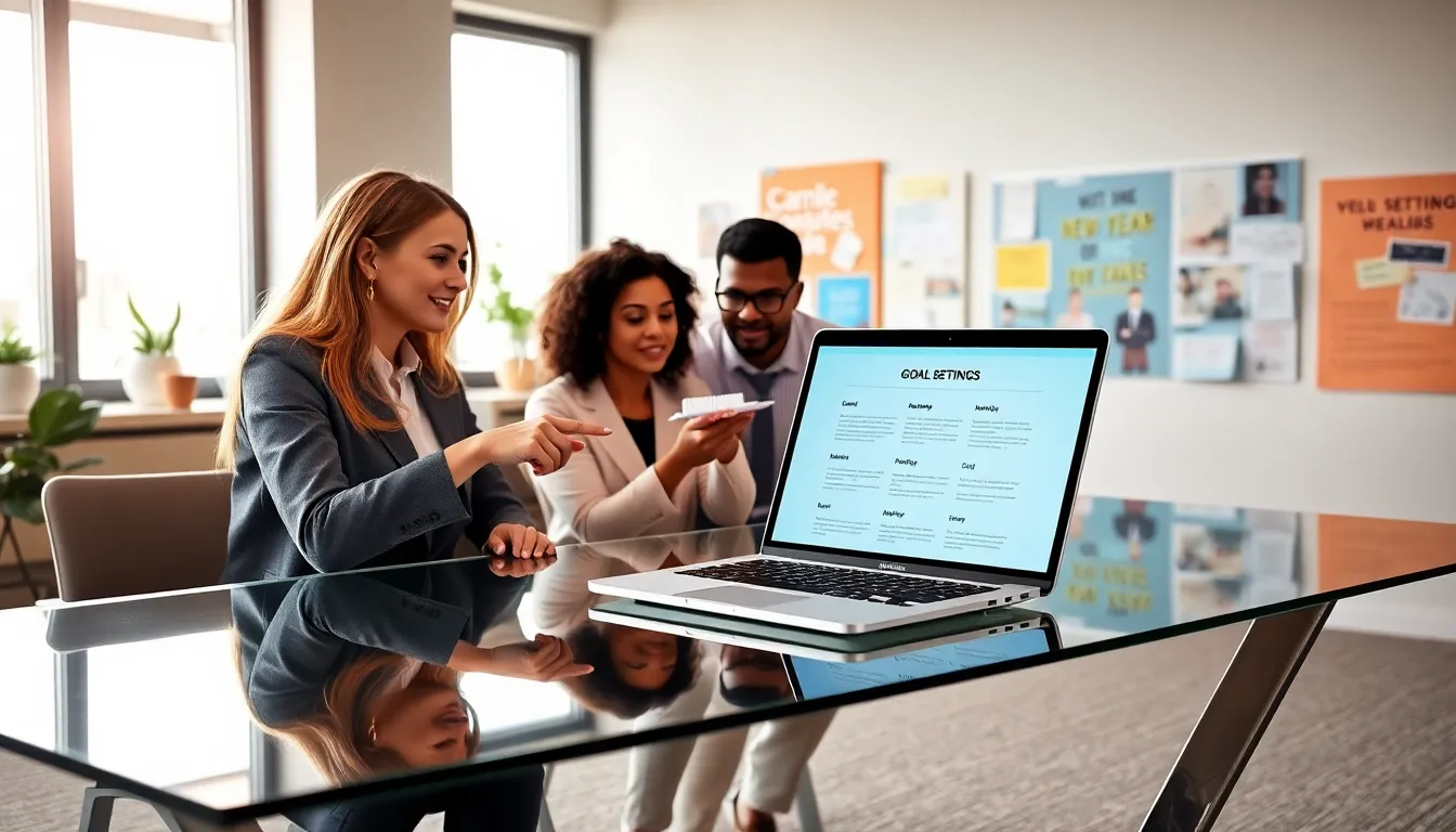 diverse team discussing a goal-setting worksheet in a modern office.