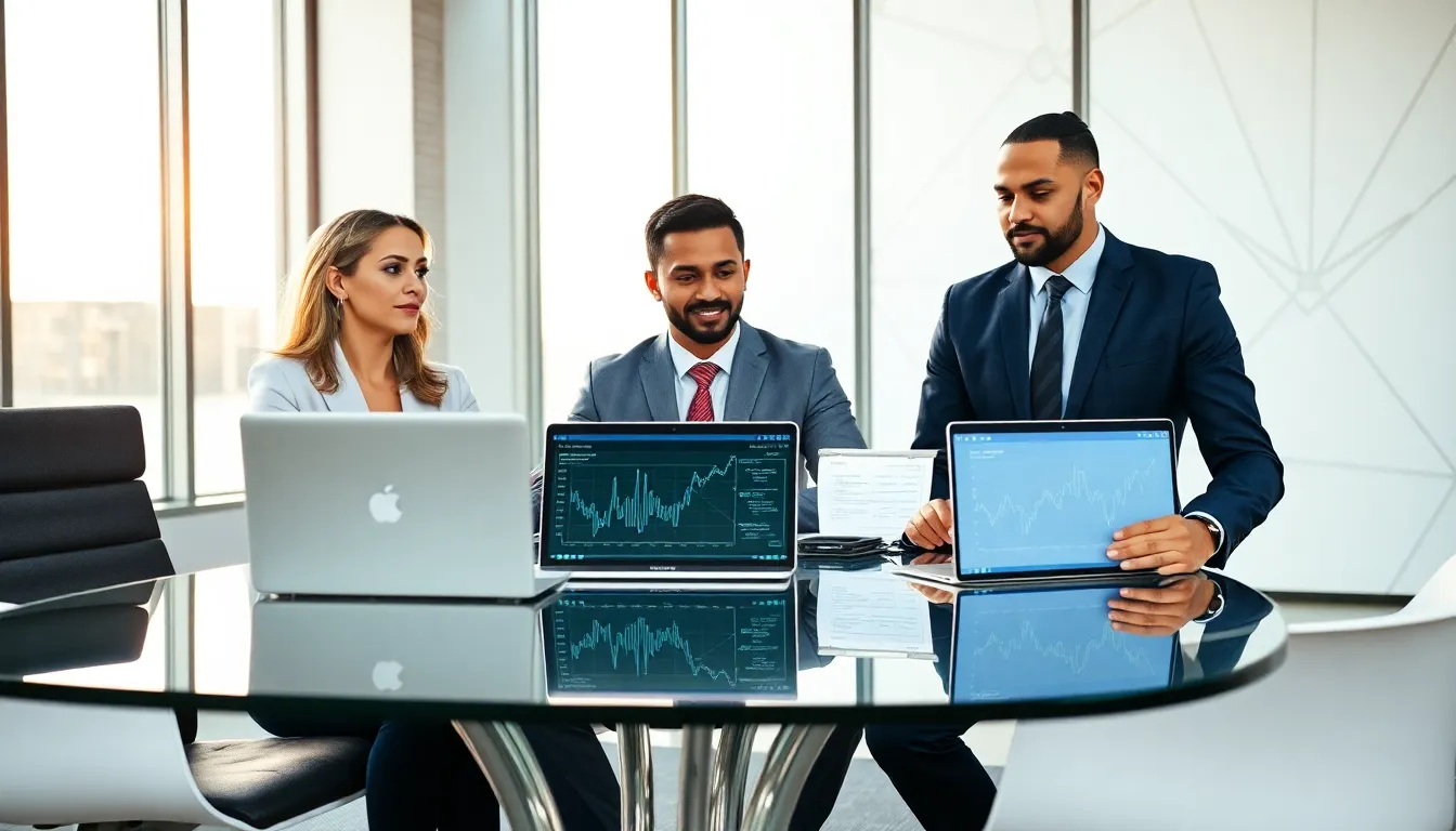 Professionals discussing blockchain technology in a modern office.