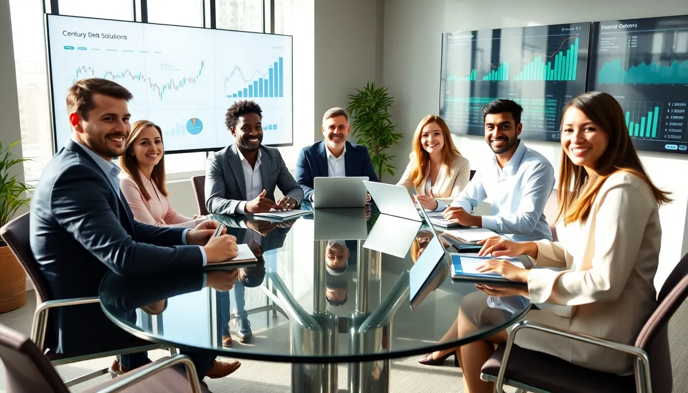 diverse financial advisors discussing debt solutions in a modern office.