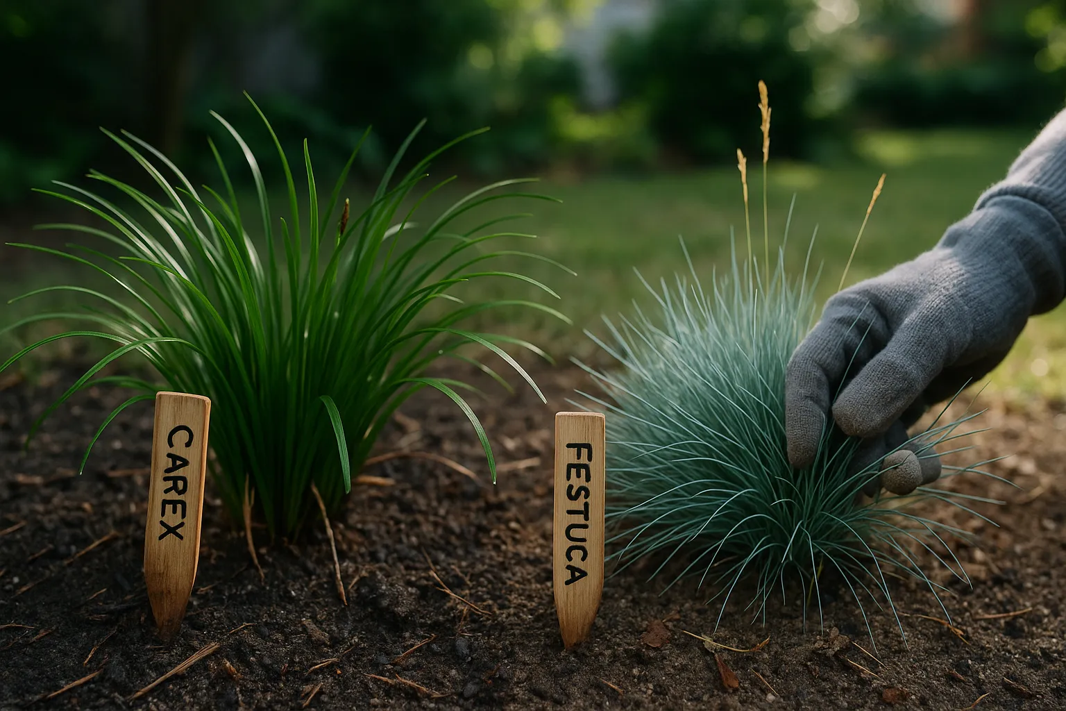 Close comparison of a green Carex clump and blue Festuca tuft in a garden.