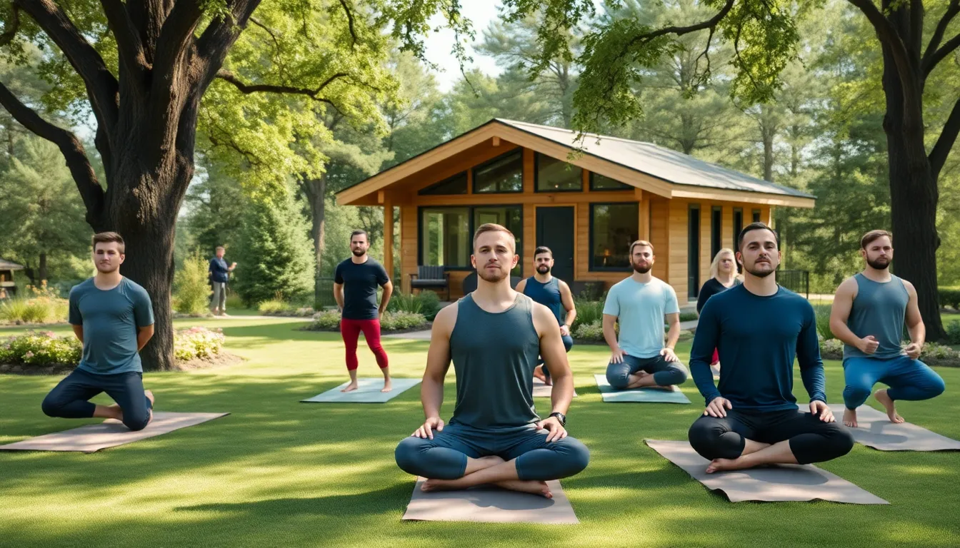 diverse group of men practicing yoga in a serene outdoor retreat.