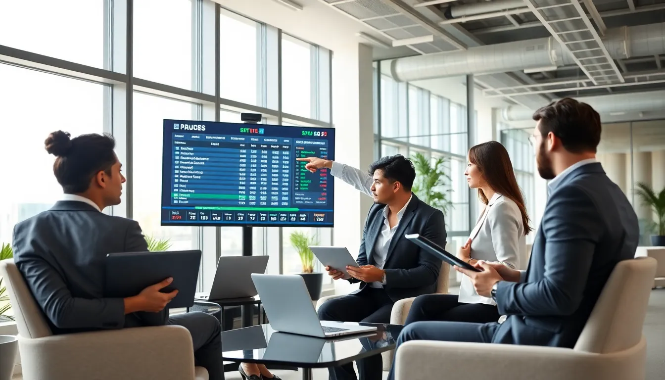 diverse team discussing sports betting strategies in a modern office.