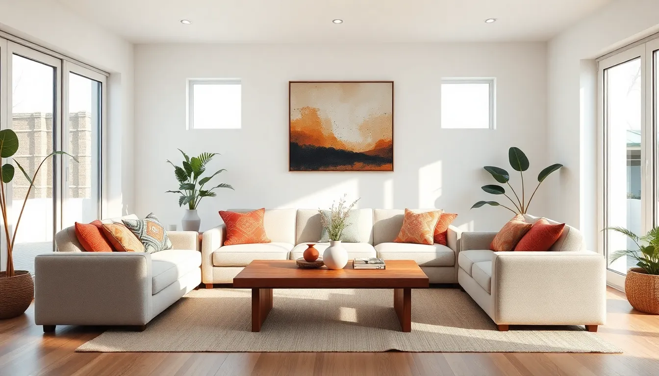 inviting minimalist bohemian living room with stylish decor and plants.