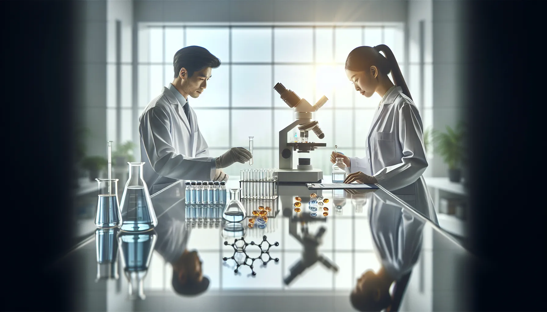 scientists analyzing ingredients in a modern pharmaceutical lab.