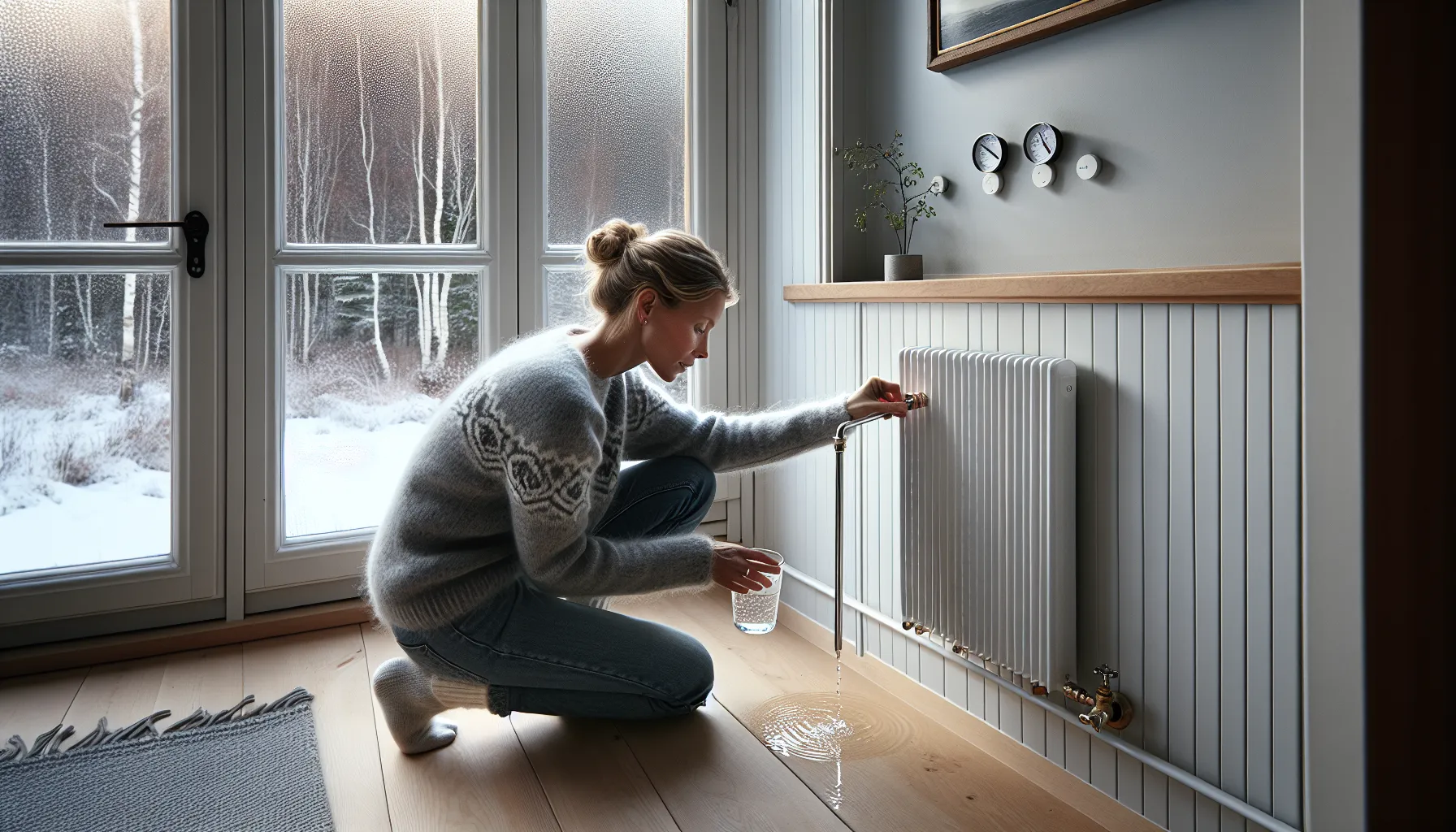 Hvordan oppnå optimal varmefordeling i hjemmet 3 Norwegian homeowner bleeding a radiator beside open floor-heating manifold cabinet, winter.