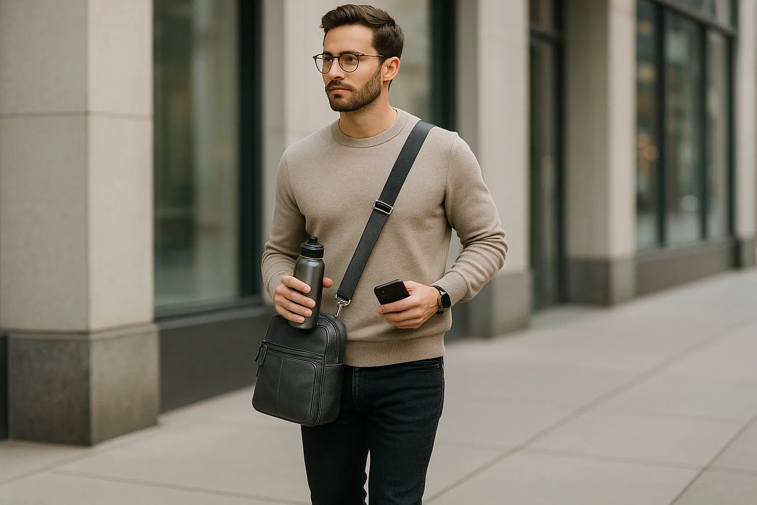 Man with a leather crossbody bag walking in a modern city.