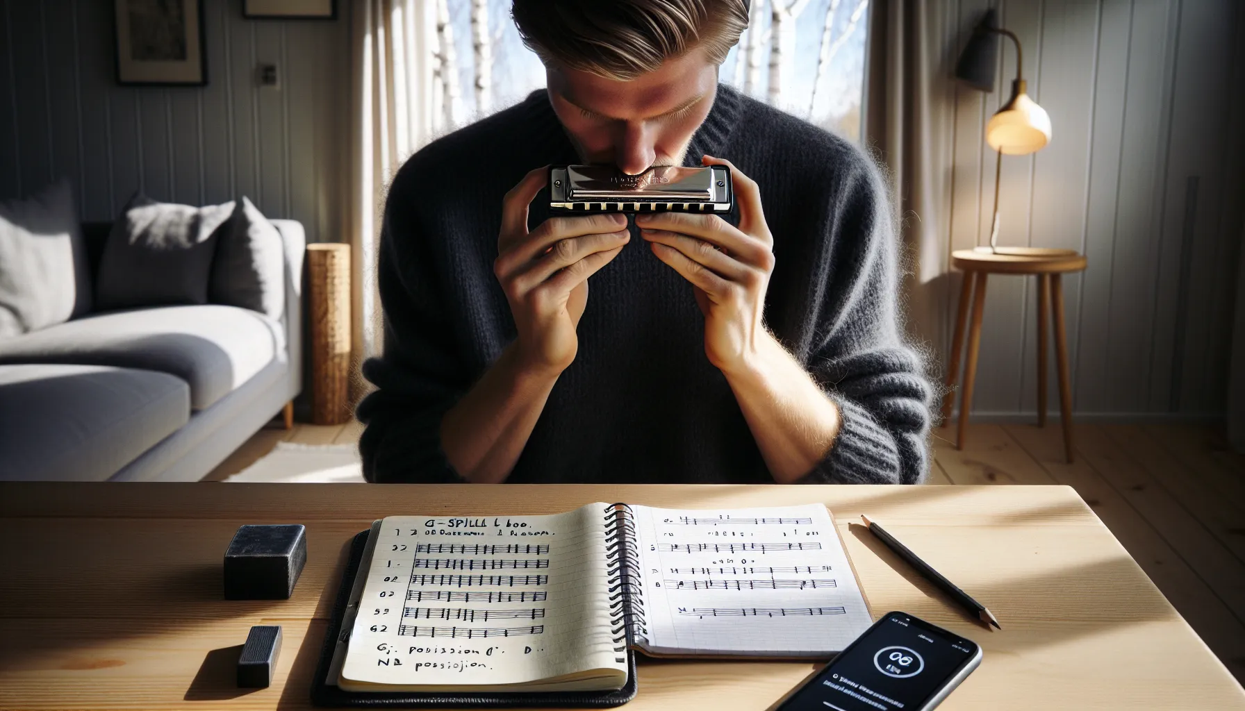 Slik lærer du å spille munnspill 3 Close-up of hands learning g harmonica tabs at a nordic desk.