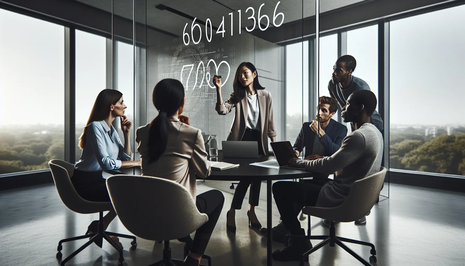 diverse professionals discussing the significance of numbers in an office.