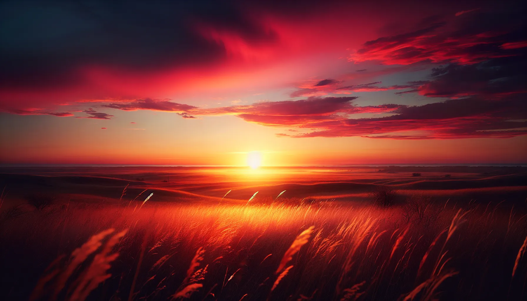 A colorful sunset over a calm prairie landscape.
