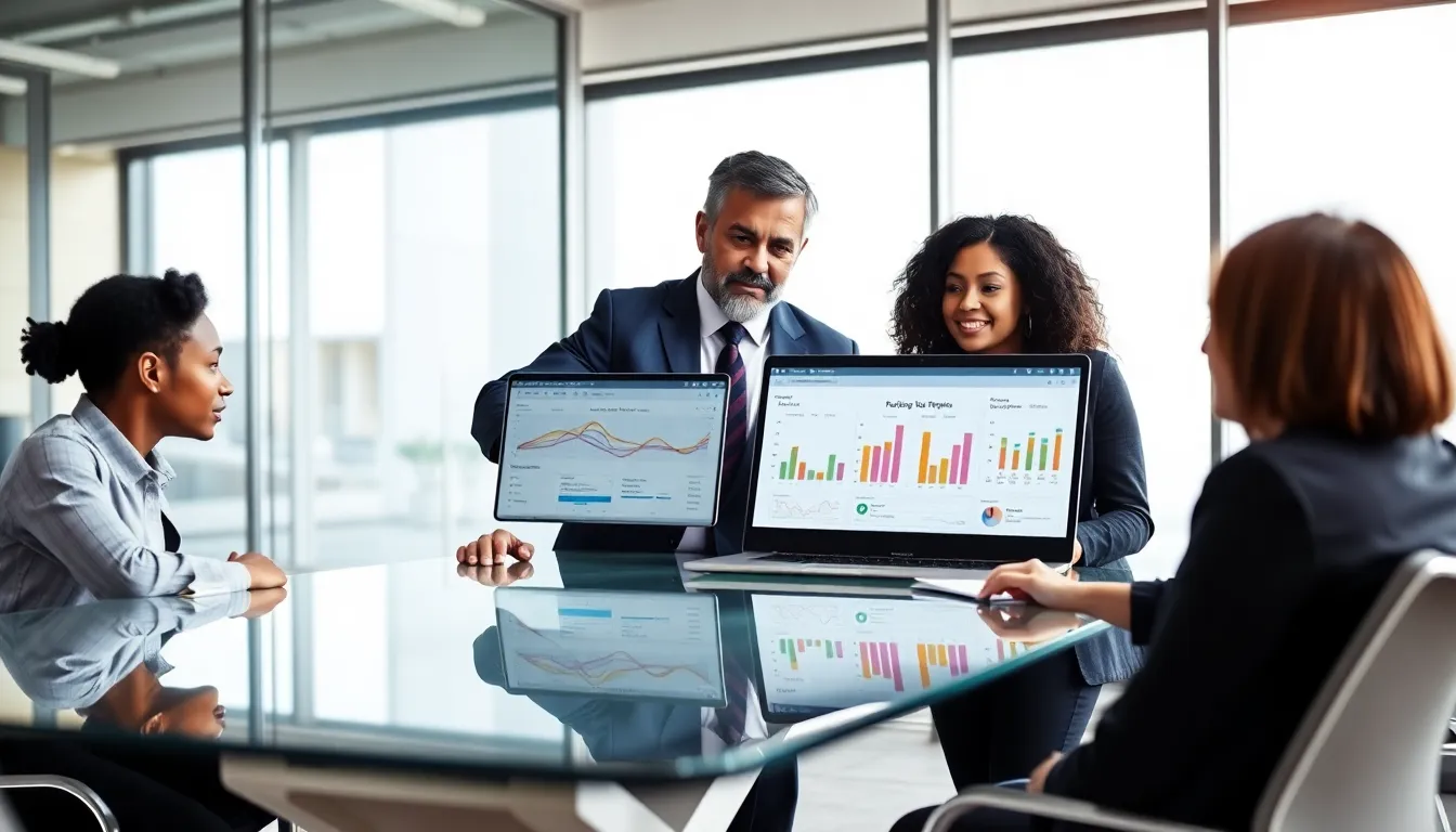 diverse team collaborating on HVAC project management software in a modern office.