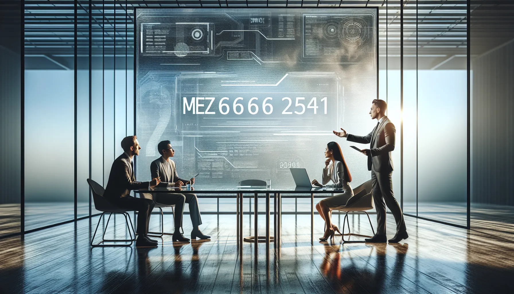 diverse professionals discussing a digital identifier in a modern office.