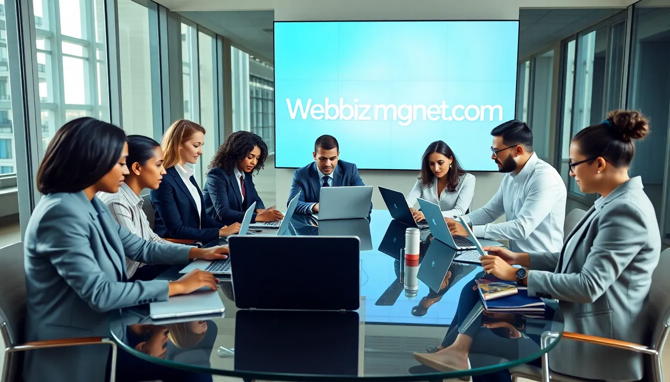 diverse professionals collaborating on Webbizmagnet.com software in a modern office.