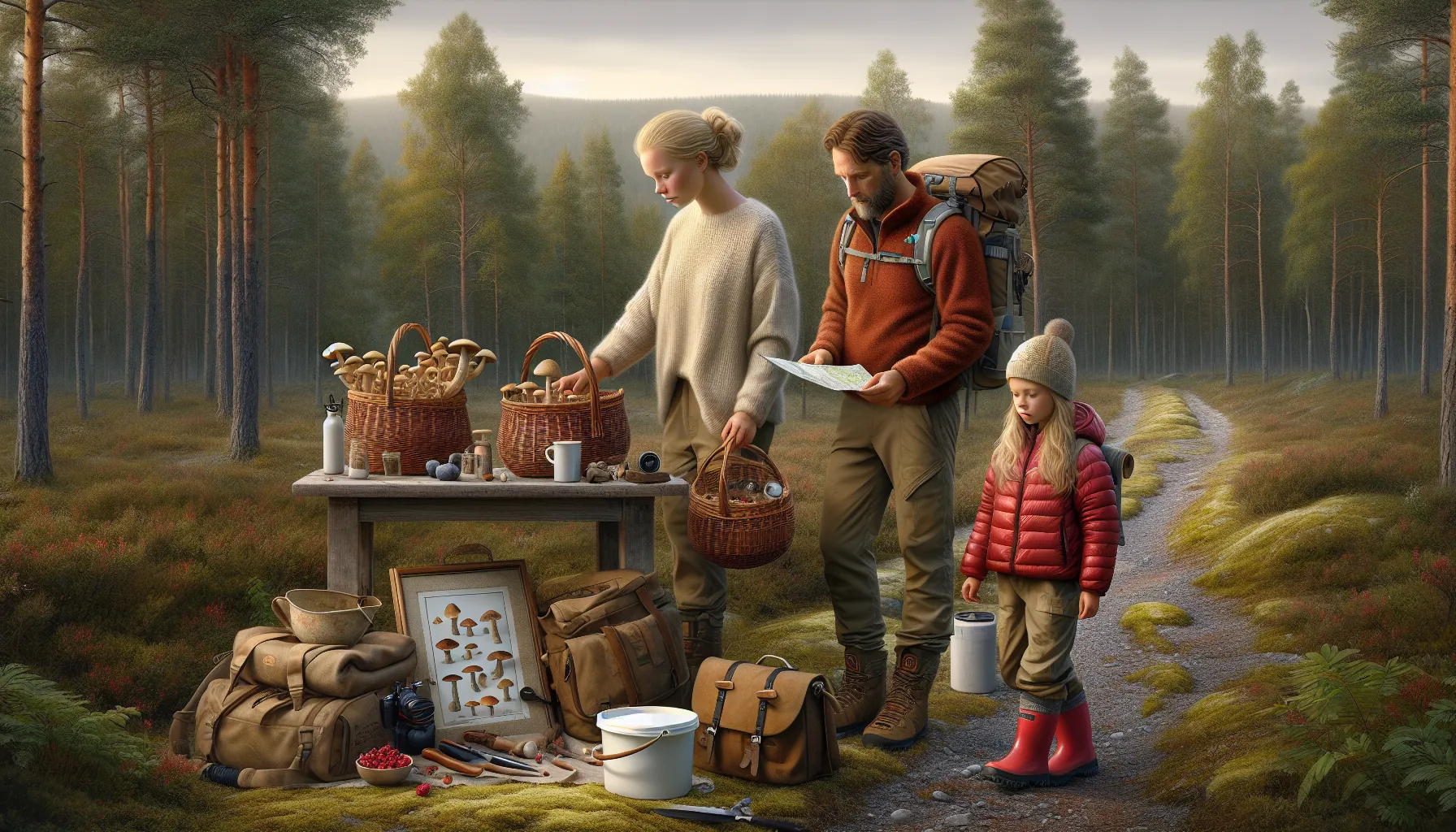 Norwegian family preparing for berry and mushroom foraging trip by a forest road.