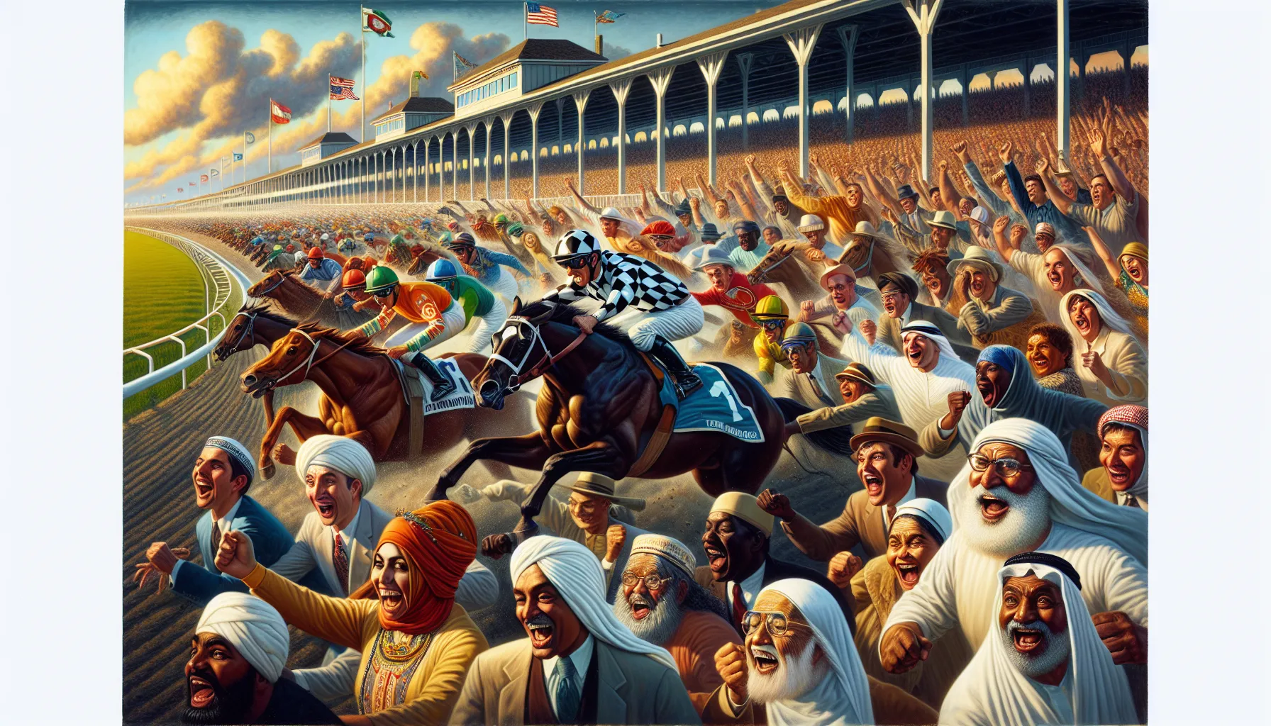 horse race scene with cheering spectators and a galloping thoroughbred.