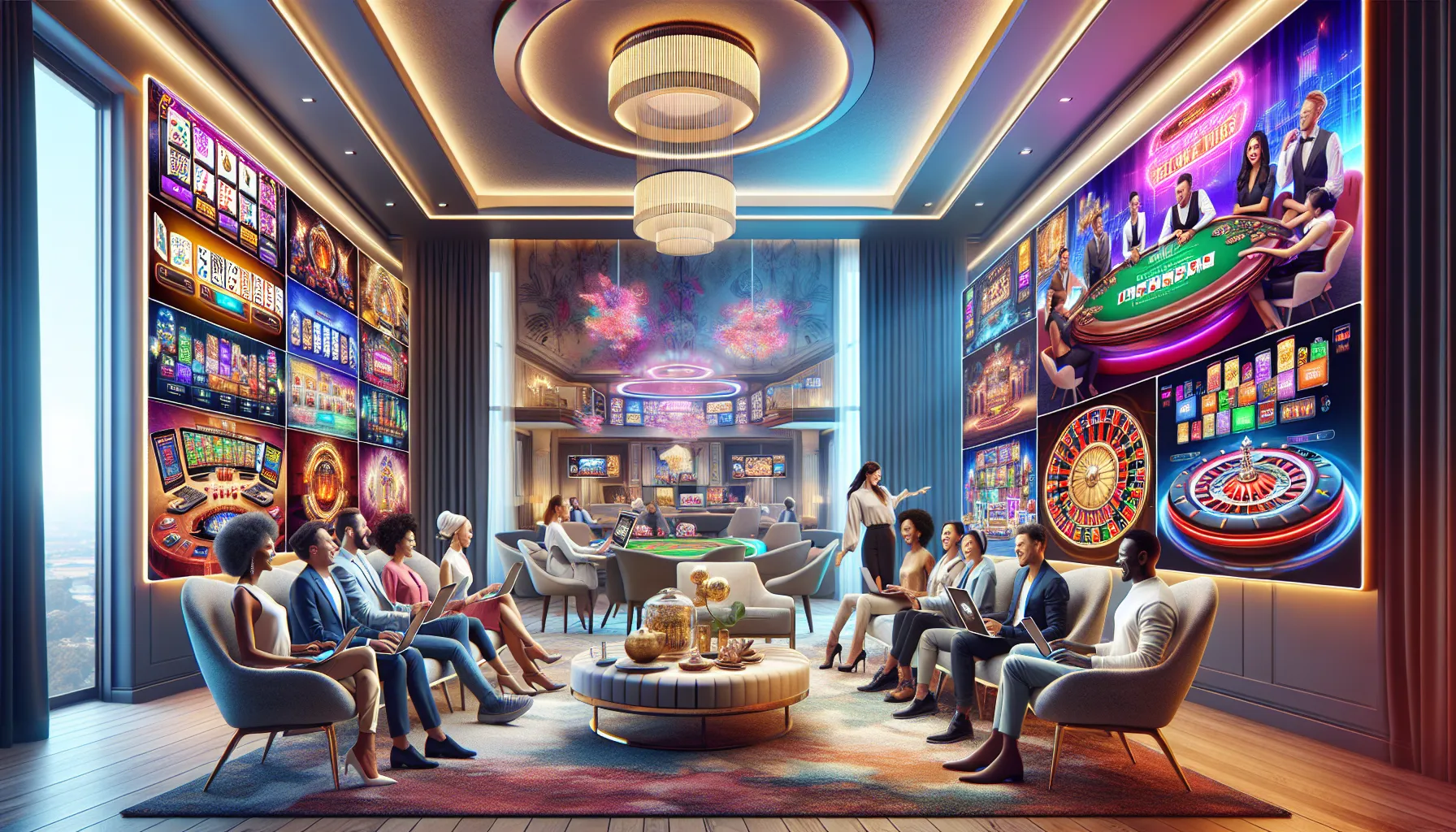 diverse players enjoying online casino games in a stylish living room.