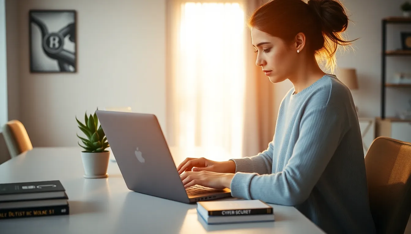 a woman working in a home office on online privacy security.