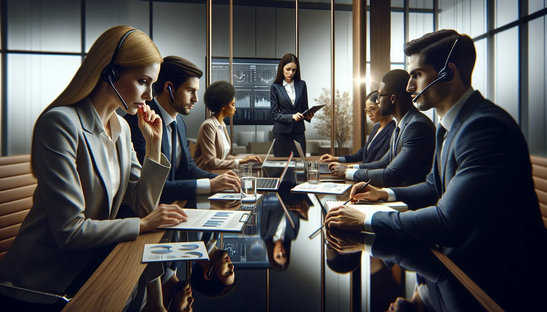 diverse team engaged in a conference call in a modern office.