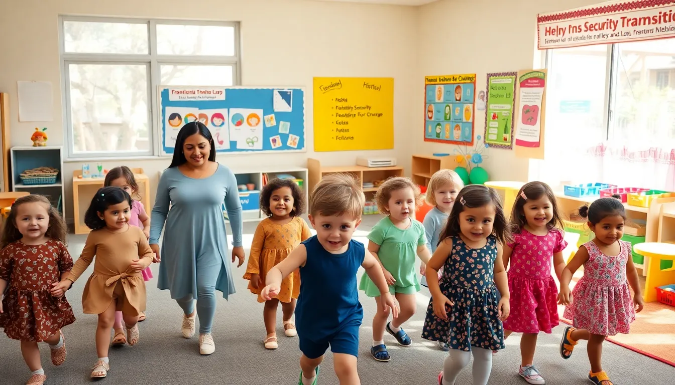 preschoolers engaged in transition activities in a colorful classroom.