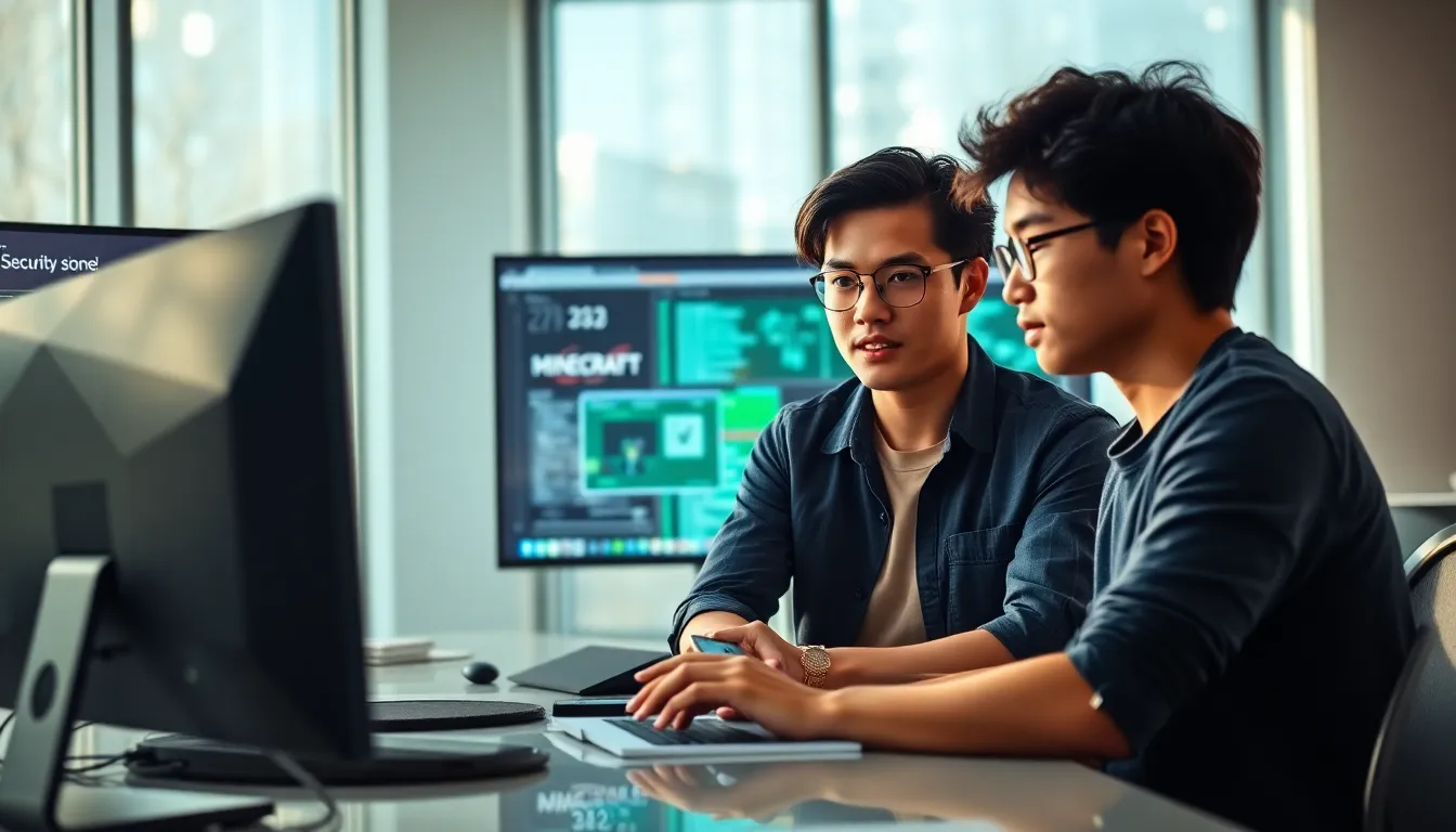 diverse team analyzing Minecraft security in a modern office.