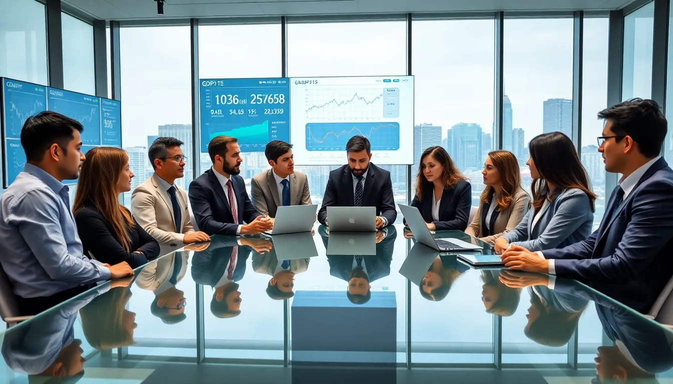 professionals analyzing economic trends in a modern office setting.