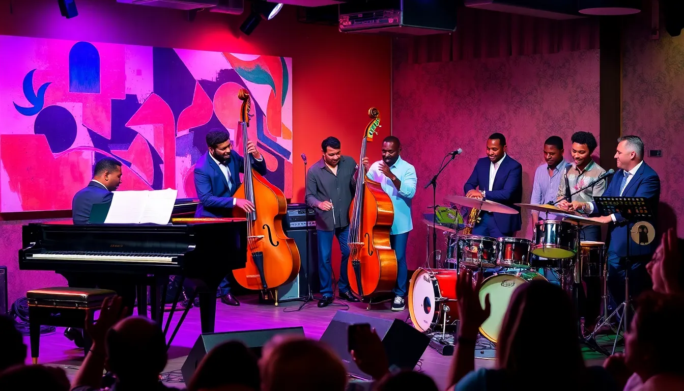 musicians performing jazzalinyy in a lively urban venue.
