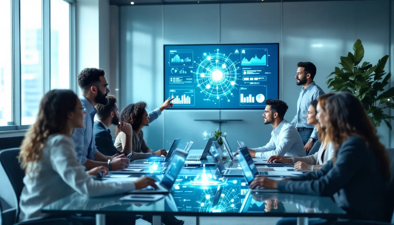 Diverse professionals collaborating with AI dashboards in a modern training room.