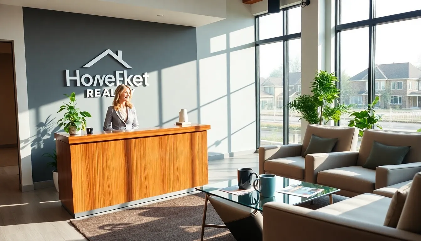 a welcoming real estate office with a friendly agent greeting clients.